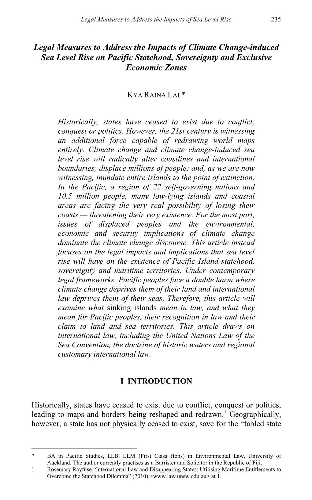 Legal Measures to Address the Impacts of Climate Change-Induced Sea Level Rise on Pacific Statehood, Sovereignty and Exclusive Economic Zones