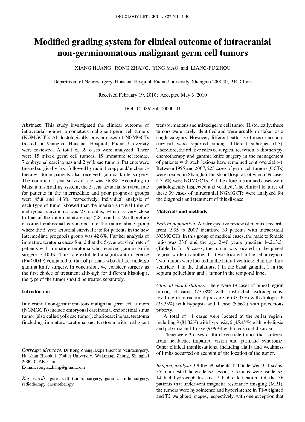 Modified Grading System for Clinical Outcome of Intracranial Non-Germinomatous Malignant Germ Cell Tumors