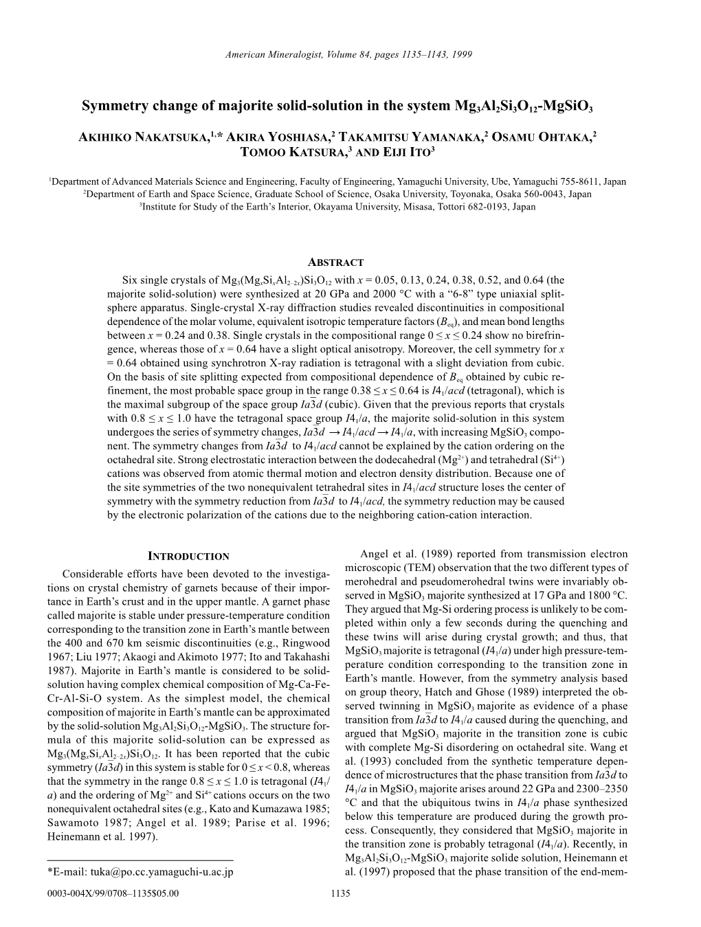 Symmetry Change of Majorite Solid-Solution in the System Mg3al2si3o12-Mgsio3