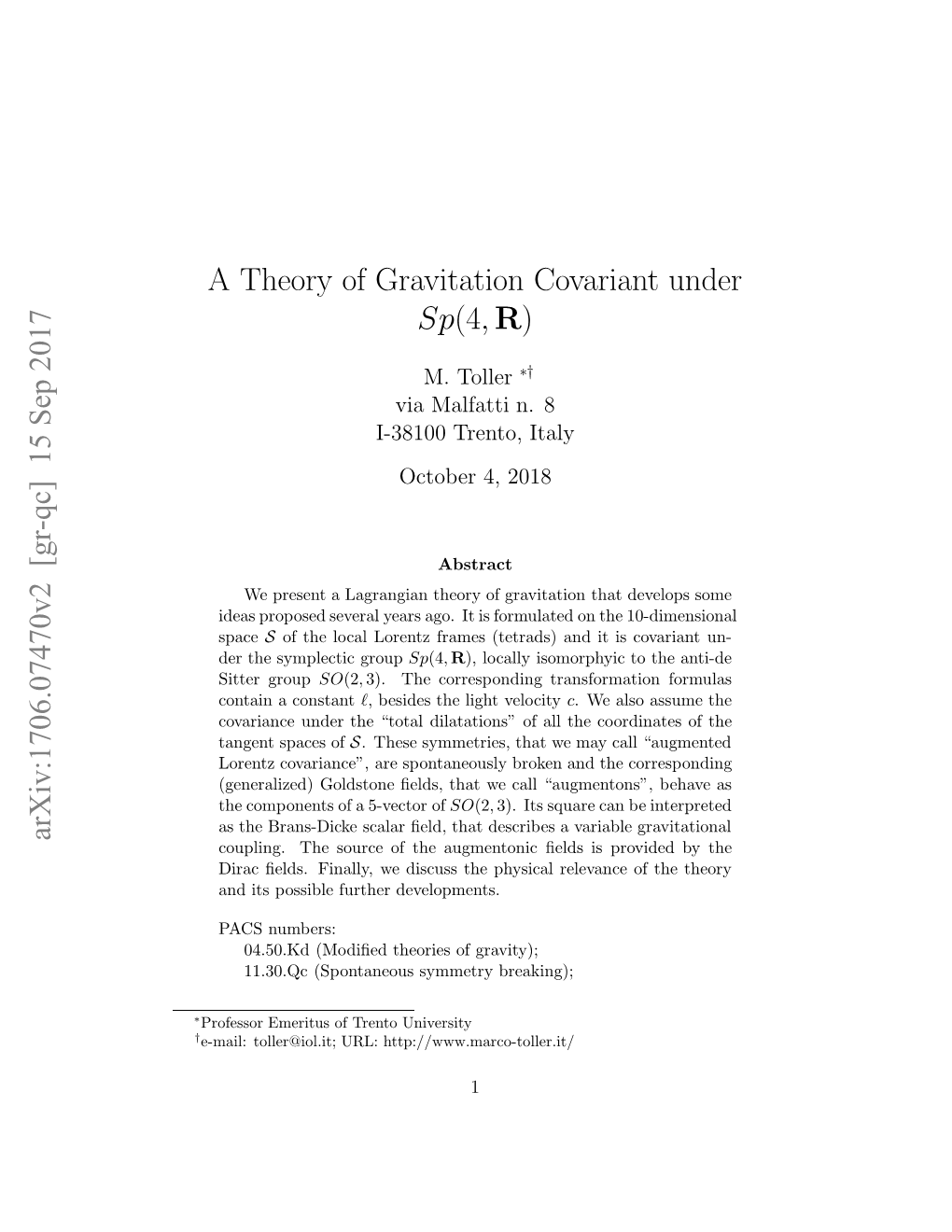 A Theory of Gravitation Covariant Under $ Sp (4,\Mathbf {R}) $