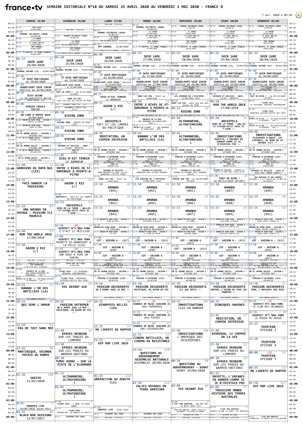 Semaine Editoriale N°18 Du Samedi 25 Avril 2020 Au Vendredi 1 Mai 2020 - France Ô