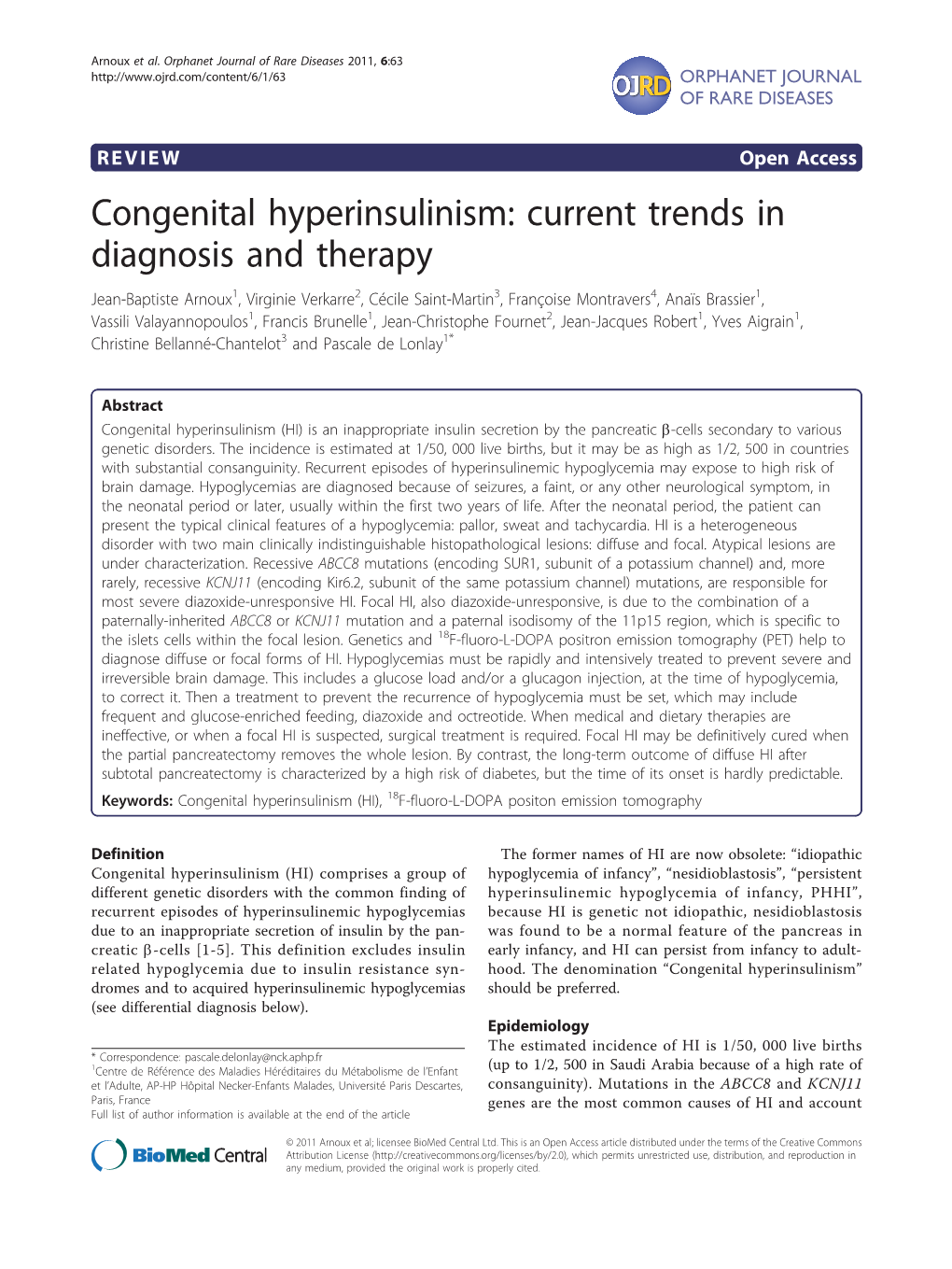 Congenital Hyperinsulinism: Current Trends in Diagnosis and Therapy