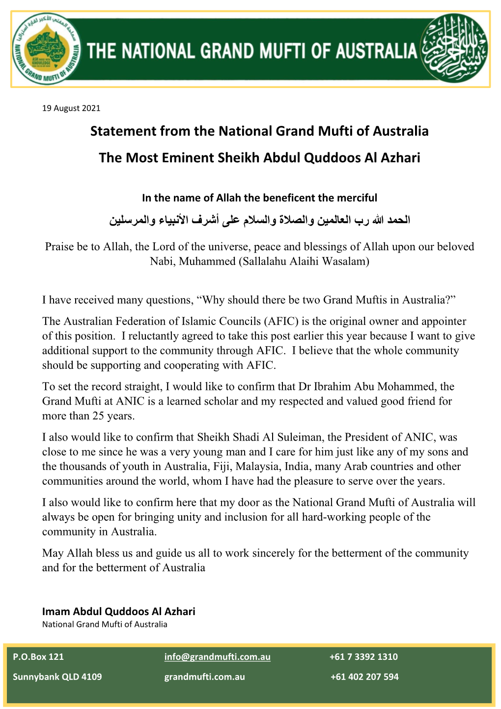 Statement from the National Grand Mufti of Australia the Most Eminent Sheikh Abdul Quddoos Al Azhari