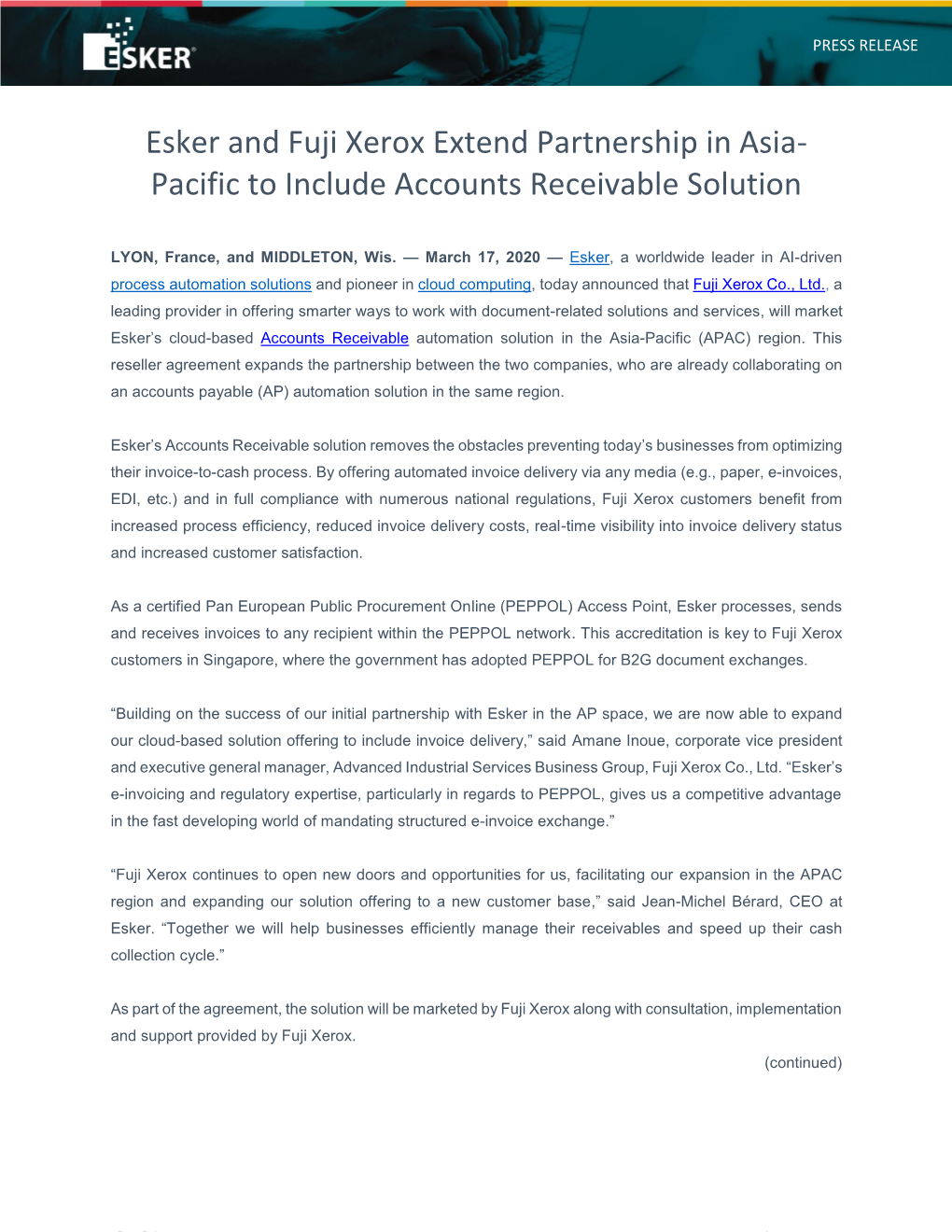 Esker and Fuji Xerox Extend Partnership in Asia- Pacific to Include Accounts Receivable Solution