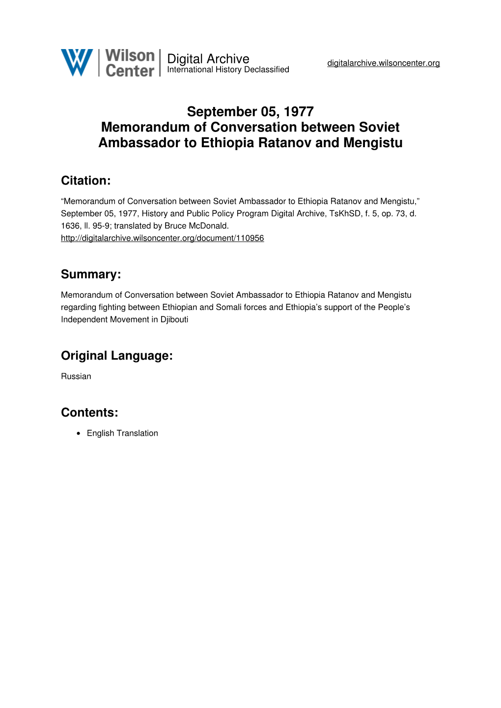 September 05, 1977 Memorandum of Conversation Between Soviet Ambassador to Ethiopia Ratanov and Mengistu