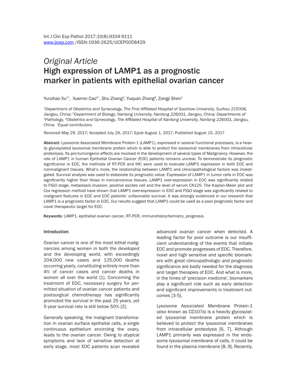 Original Article High Expression of LAMP1 As a Prognostic Marker in Patients with Epithelial Ovarian Cancer