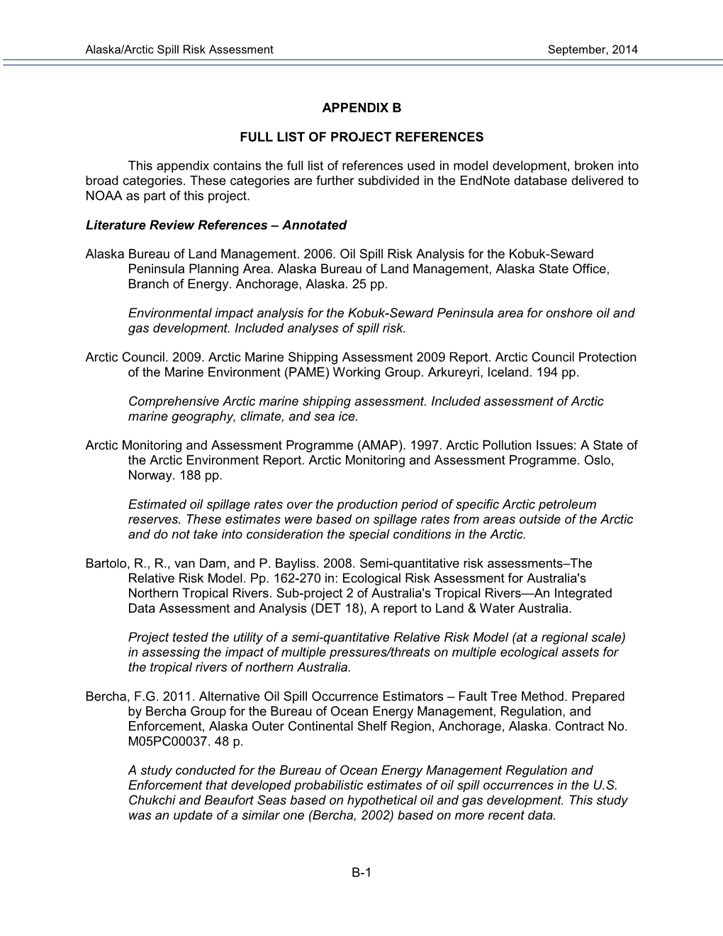 Alaska/Arctic Spill Risk Assessment APPENDIX B: Full List of Project References