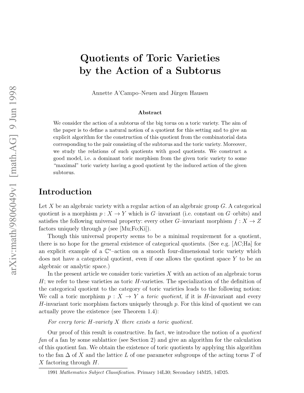 Quotients of Toric Varieties by the Action of a Subtorus, Preprint, Warsaw (1998)