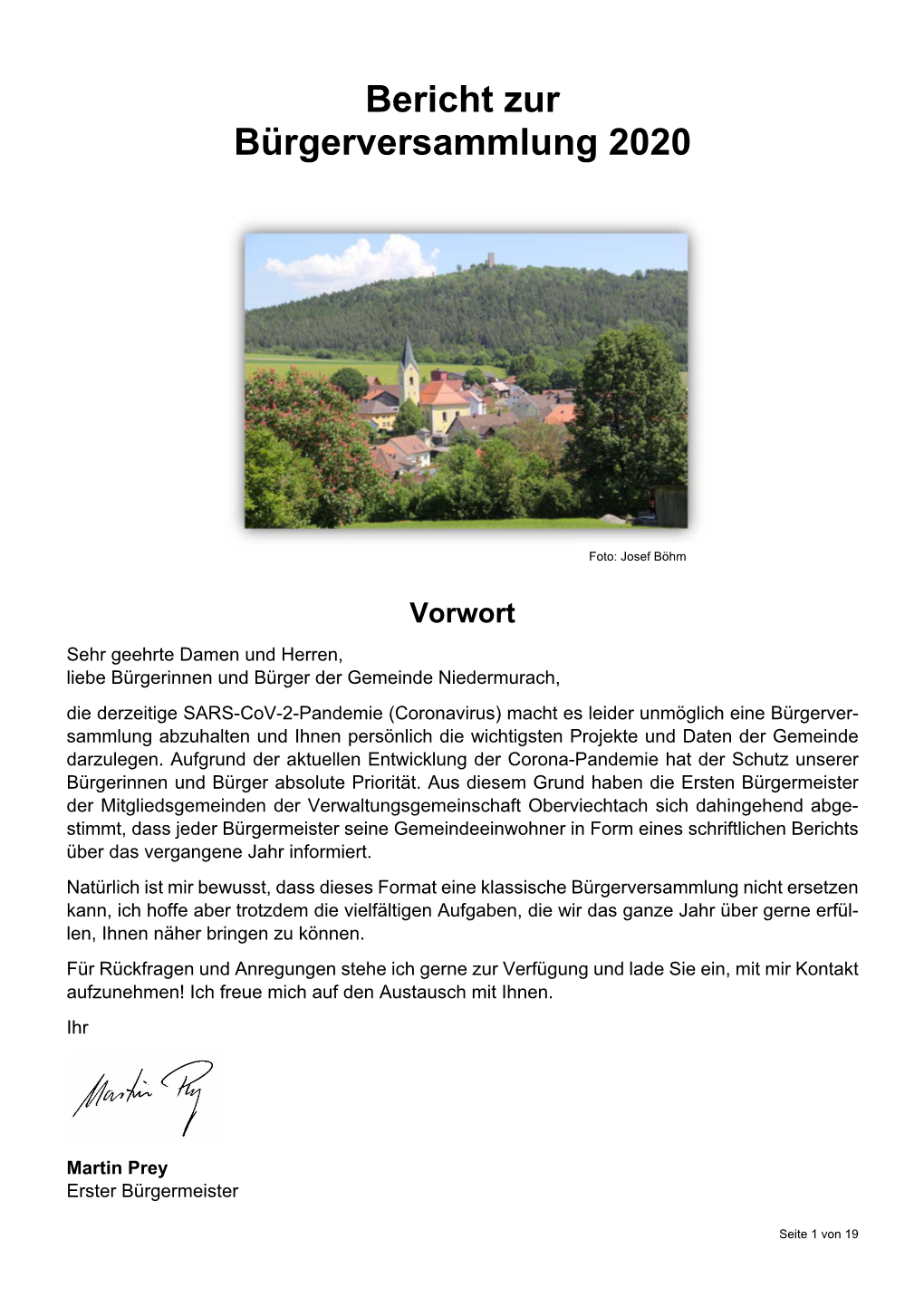 Bericht Zur Bürgerversammlung 2020 Gemeinde Niedermurach