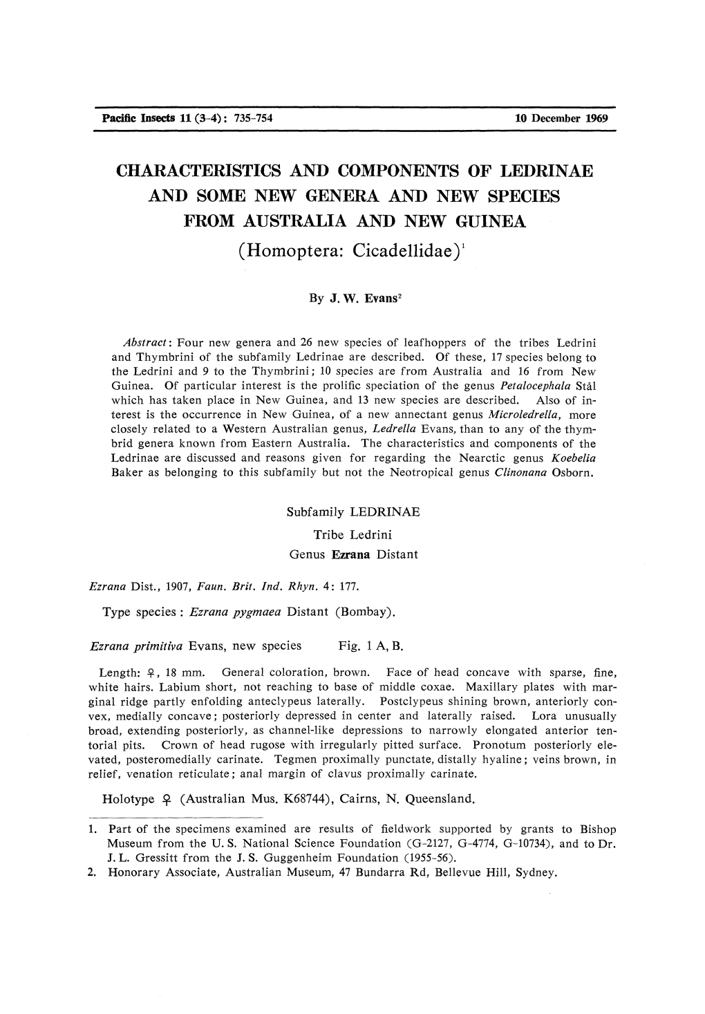 CHARACTERISTICS and COMPONENTS of LEDRINAE and SOME NEW GENERA and NEW SPECIES from AUSTRALIA and NEW GUINEA (Homoptera: Cicadellidae)1