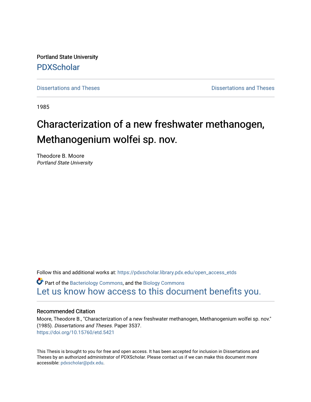 Characterization of a New Freshwater Methanogen, Methanogenium Wolfei Sp