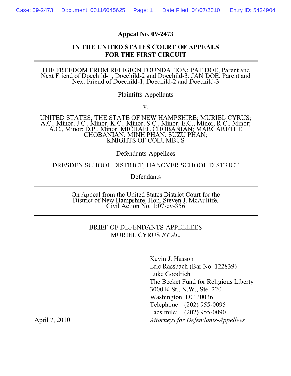 Appeal No. 09-2473 in the UNITED STATES COURT of APPEALS for the FIRST CIRCUIT