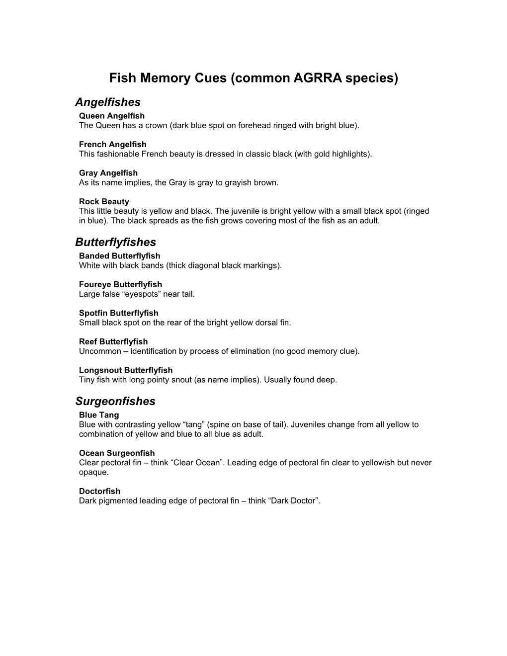 Fish Memory Cues (Common AGRRA Species)