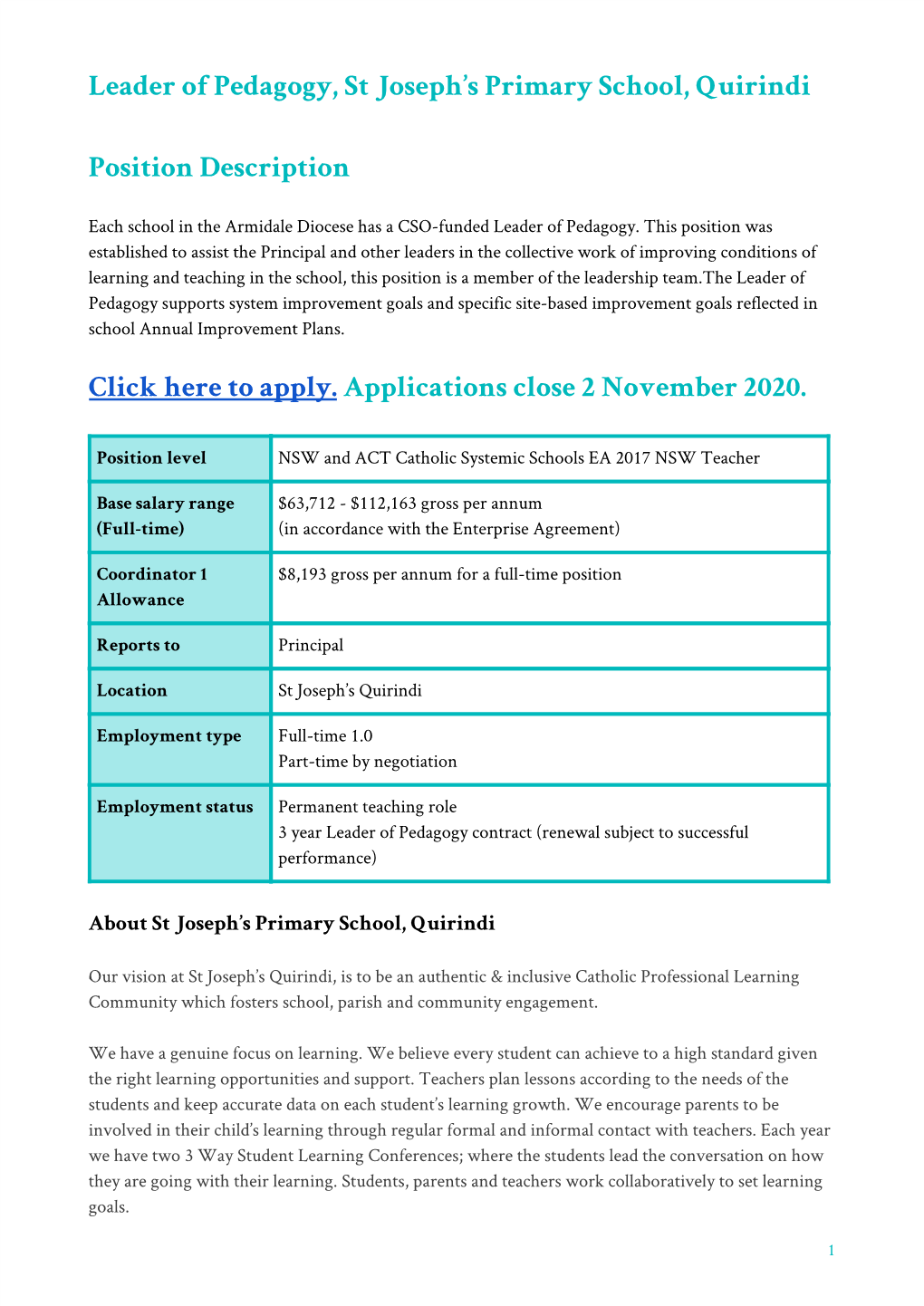 Leader of Pedagogy, St Joseph's Primary School, Quirindi Position