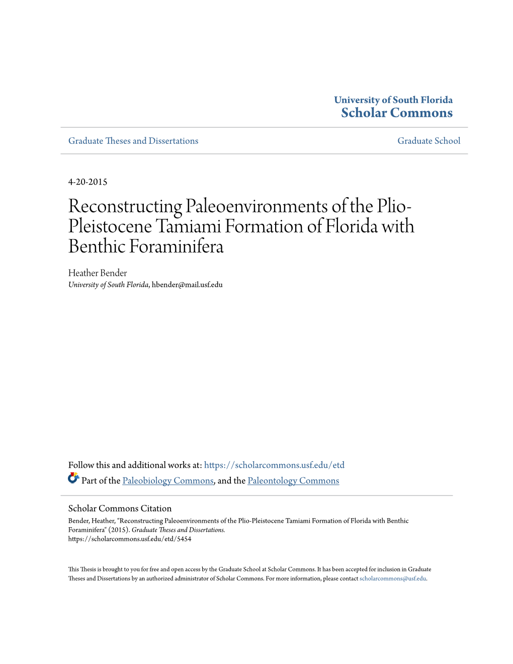 Reconstructing Paleoenvironments of the Plio-Pleistocene Tamiami Formation of Florida with Benthic Foraminifera