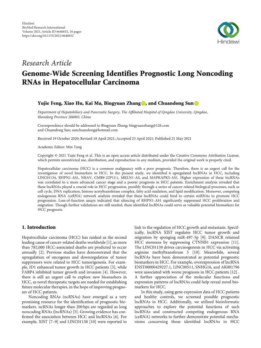 Genome-Wide Screening Identifies Prognostic Long Noncoding Rnas in Hepatocellular Carcinoma