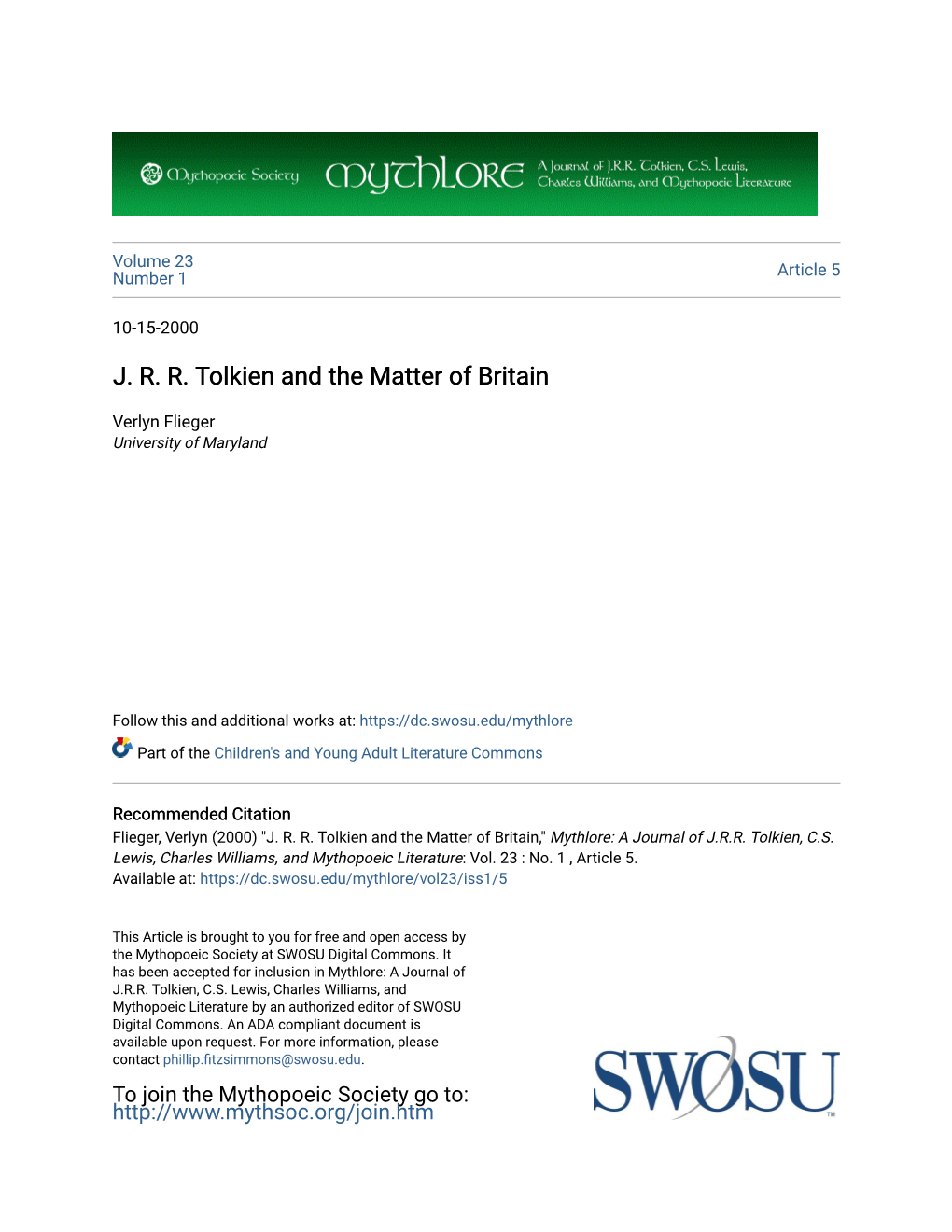 J. R. R. Tolkien and the Matter of Britain