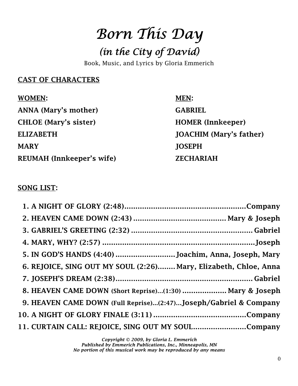 Born This Day (In the City of David) Book, Music, and Lyrics by Gloria Emmerich