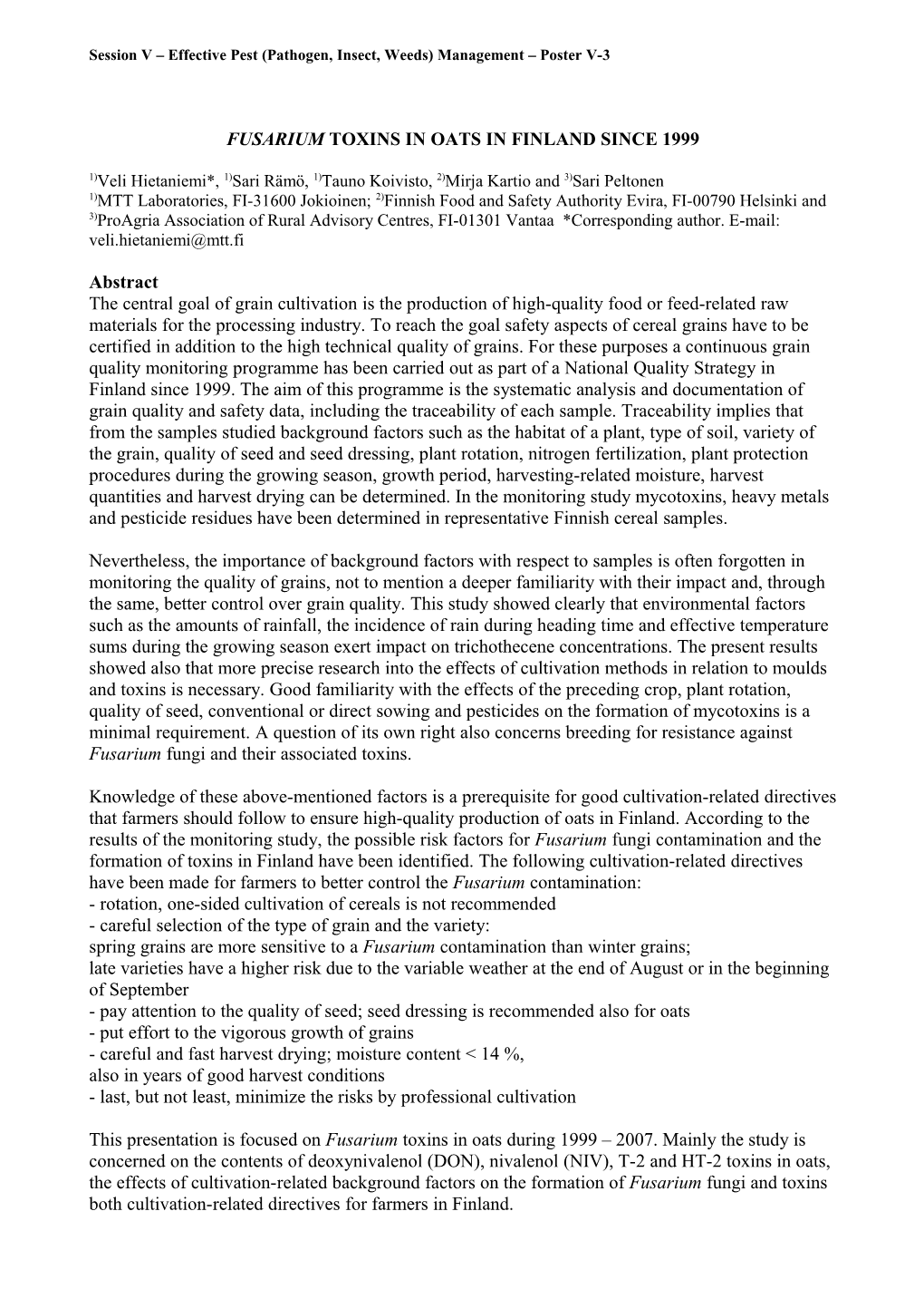 Fusarium Toxins in Oats in Finland Since 1999