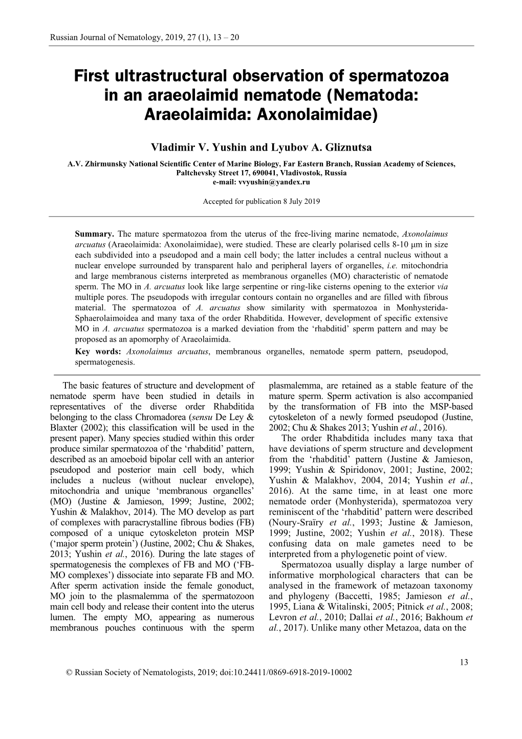 First Ultrastructural Observation of Spermatozoa in an Araeolaimid Nematode (Nematoda: Araeolaimida: Axonolaimidae)