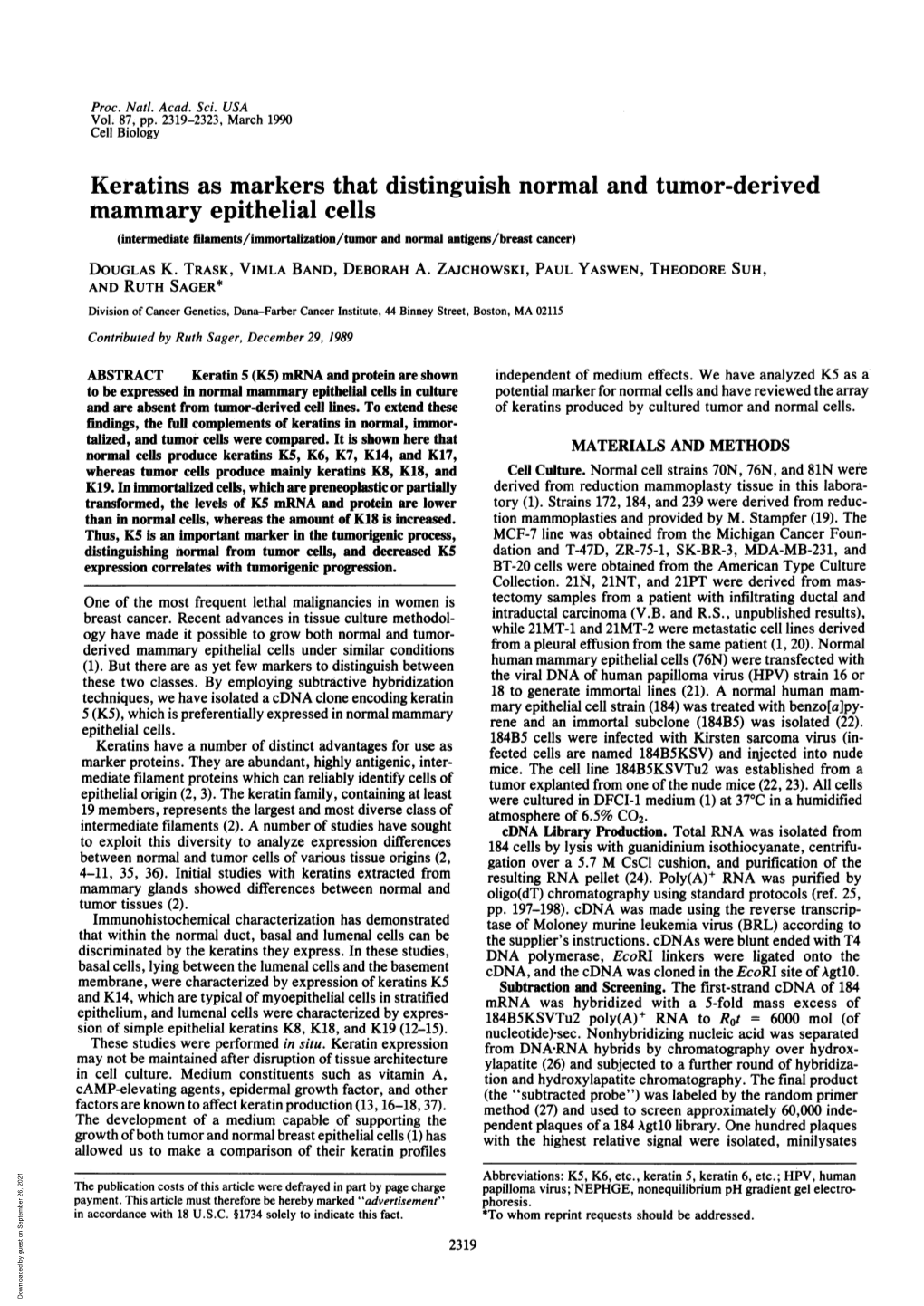 Keratins As Markers That Distinguish Normal and Tumor-Derived Mammary Epithelial Cells