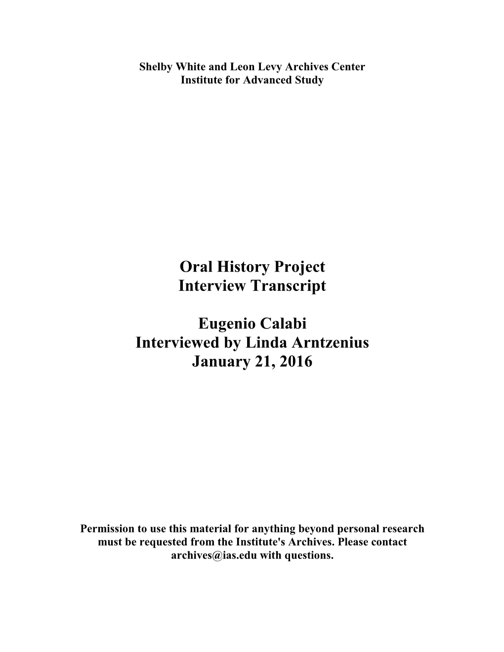 Oral History Project Interview Transcript Eugenio Calabi