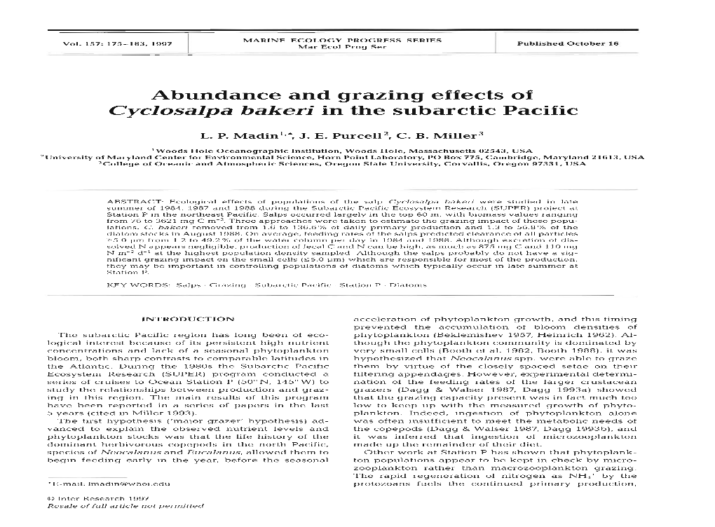 Abundance and Grazing Effects of Cyclosalpa Bakeri in the Subarctic Pacific