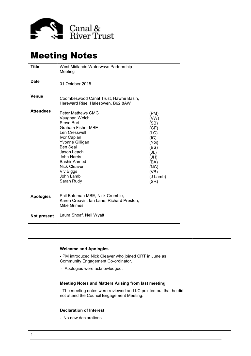 Meeting Notes Title West Midlands Waterways Partnership Meeting