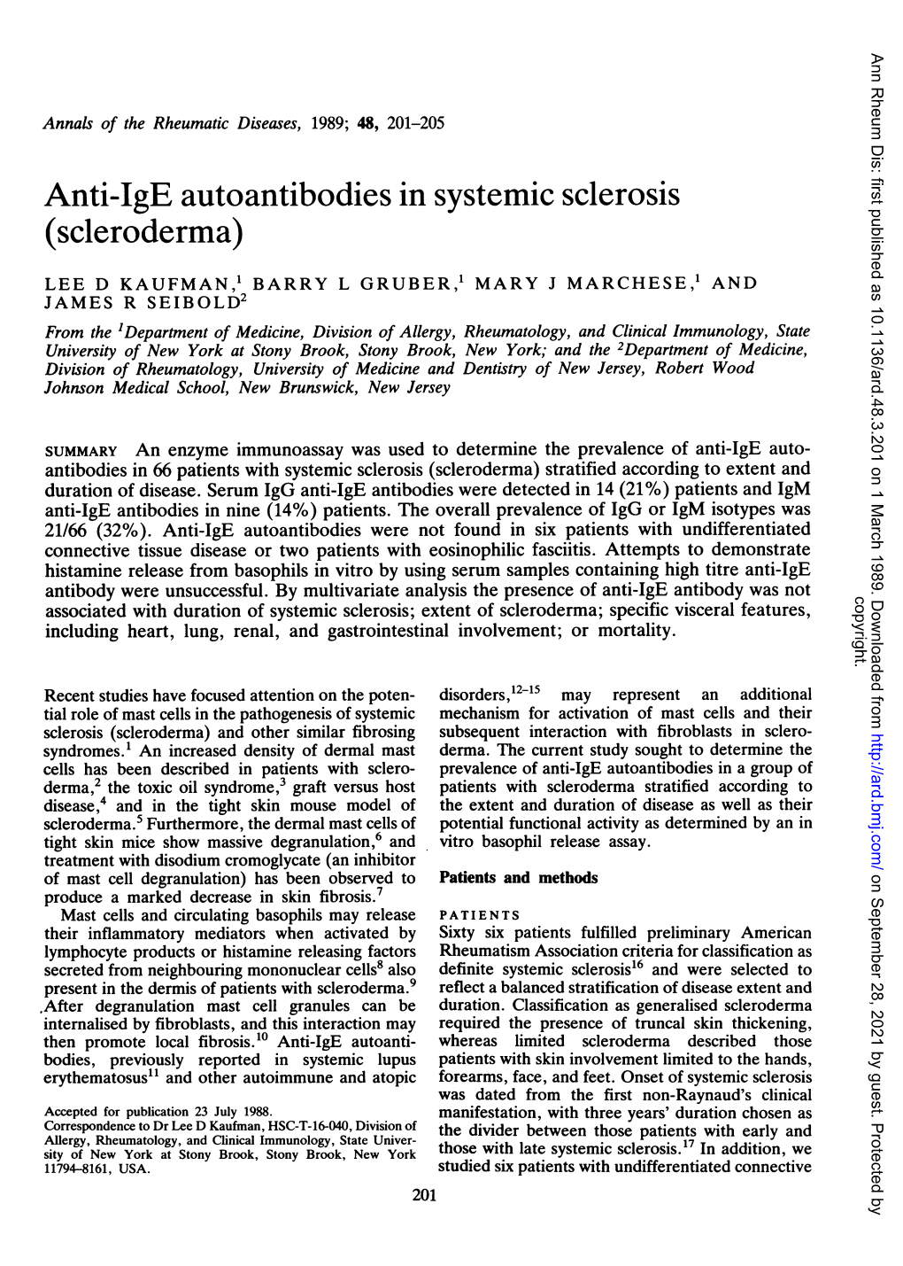 Anti-Ige Autoantibodies in Systemic Sclerosis (Scleroderma)