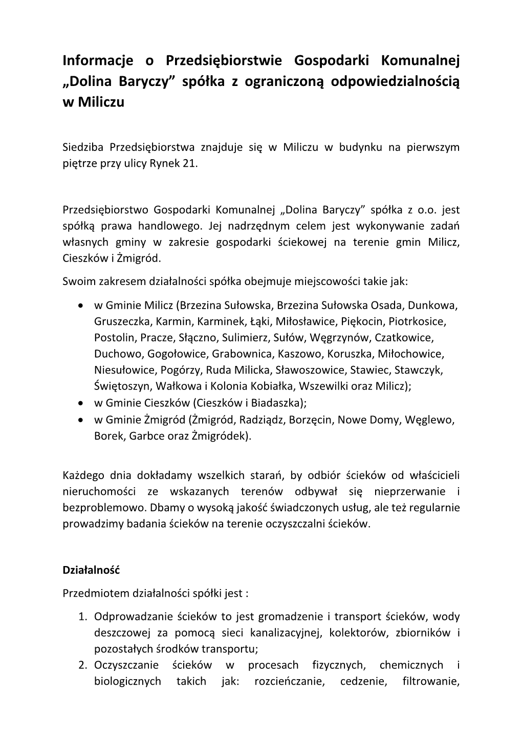 Informacje O Przedsiębiorstwie Gospodarki Komunalnej „Dolina Baryczy” Spółka Z Ograniczoną Odpowiedzialnością W Miliczu