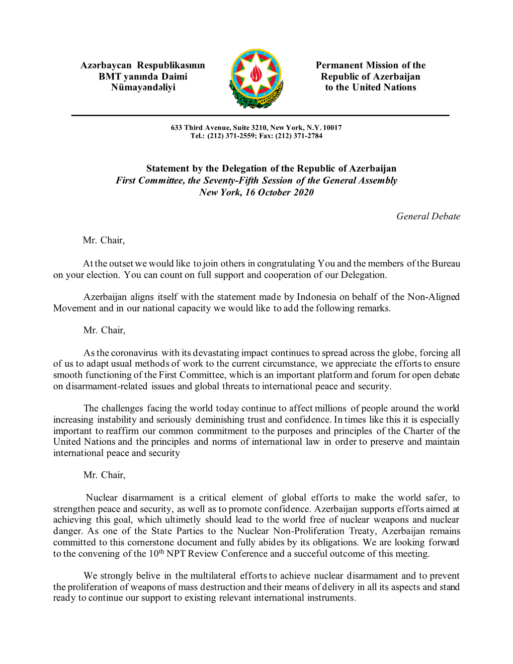 Azərbaycan Respublikasının Permanent Mission of the BMT Yanında Daimi Republic of Azerbaijan Nümayəndəliyi to the United Nations