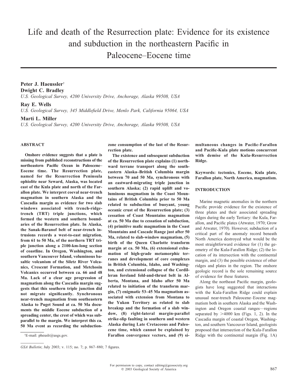 Life and Death of the Resurrection Plate: Evidence for Its Existence and Subduction in the Northeastern Paci®C in Paleocene±Eocene Time