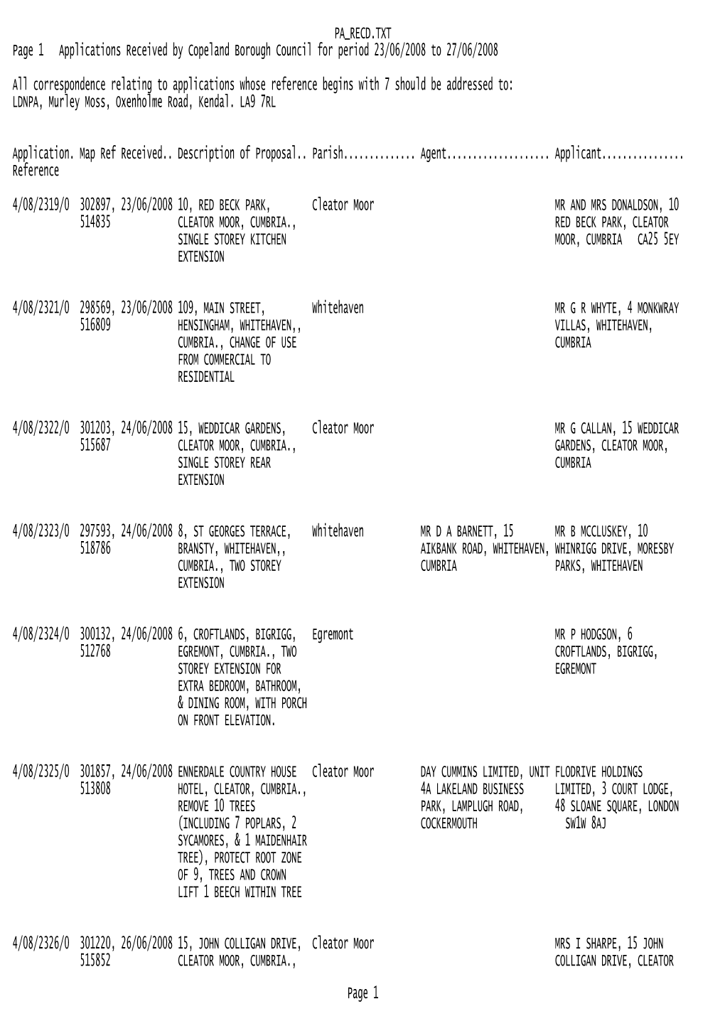 PA RECD.TXT Page 1 Applications Received by Copeland Borough Council for Period 23/06/2008 to 27/06/2008