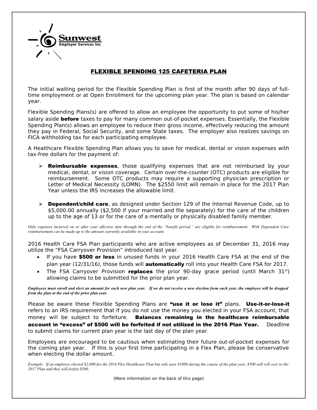 Flexible Spending 125 Cafeteria Plan