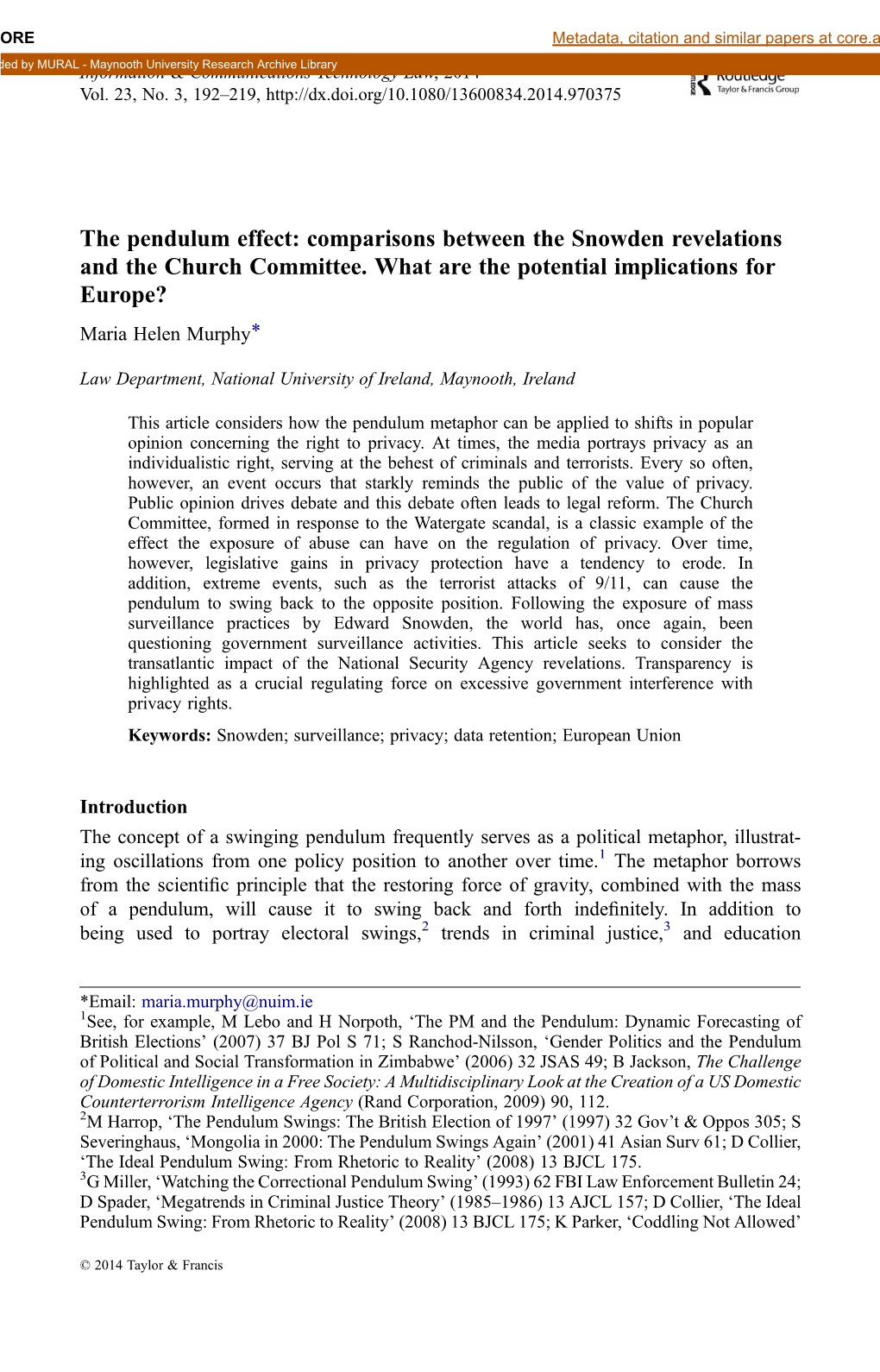 The Pendulum Effect: Comparisons Between the Snowden Revelations and the Church Committee