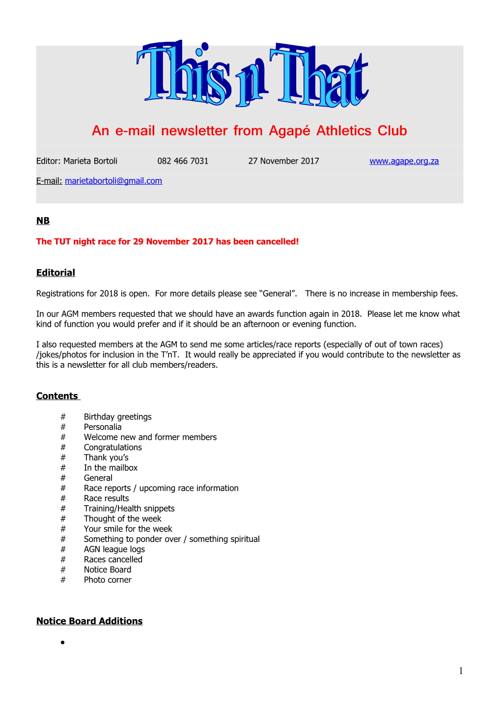 An E-Mail Newsletter from Agapé Athletics Club s1