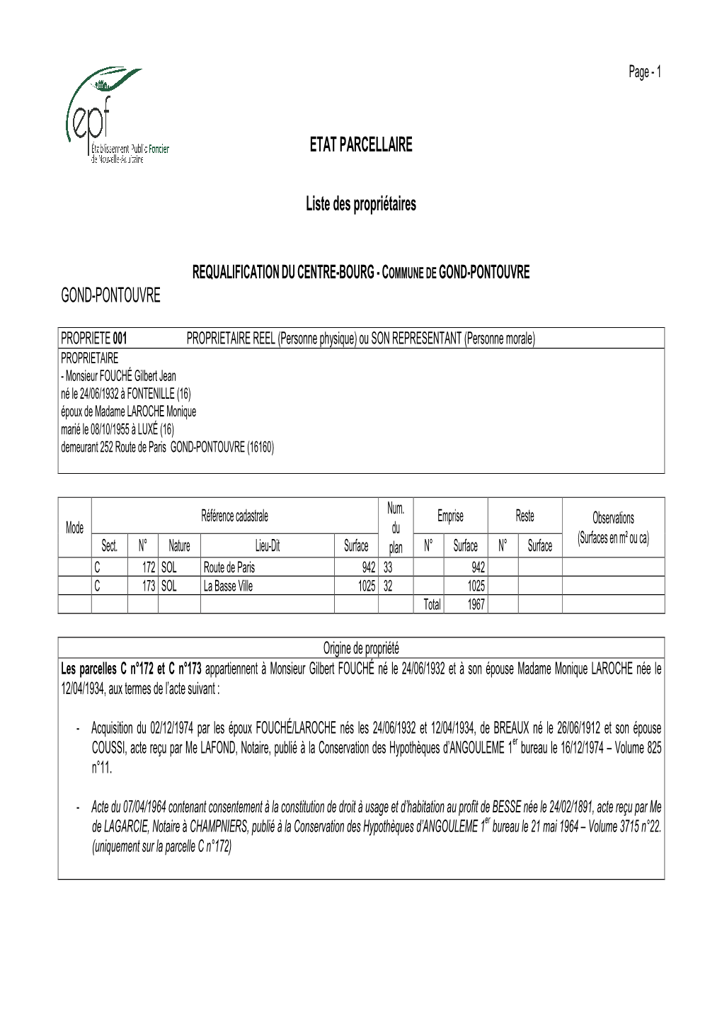 ETAT PARCELLAIRE Liste Des Propriétaires GOND-PONTOUVRE