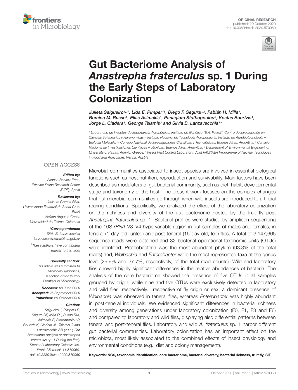 Gut Bacteriome Analysis of Anastrepha Fraterculus Sp. 1 During the Early Steps of Laboratory Colonization