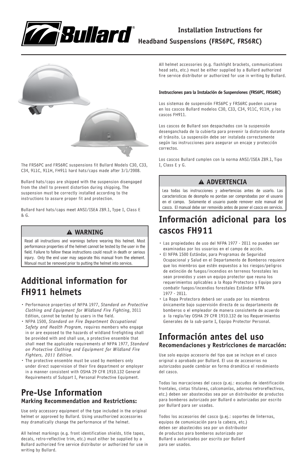 Additional Information for FH911 Helmets Pre-Use Information