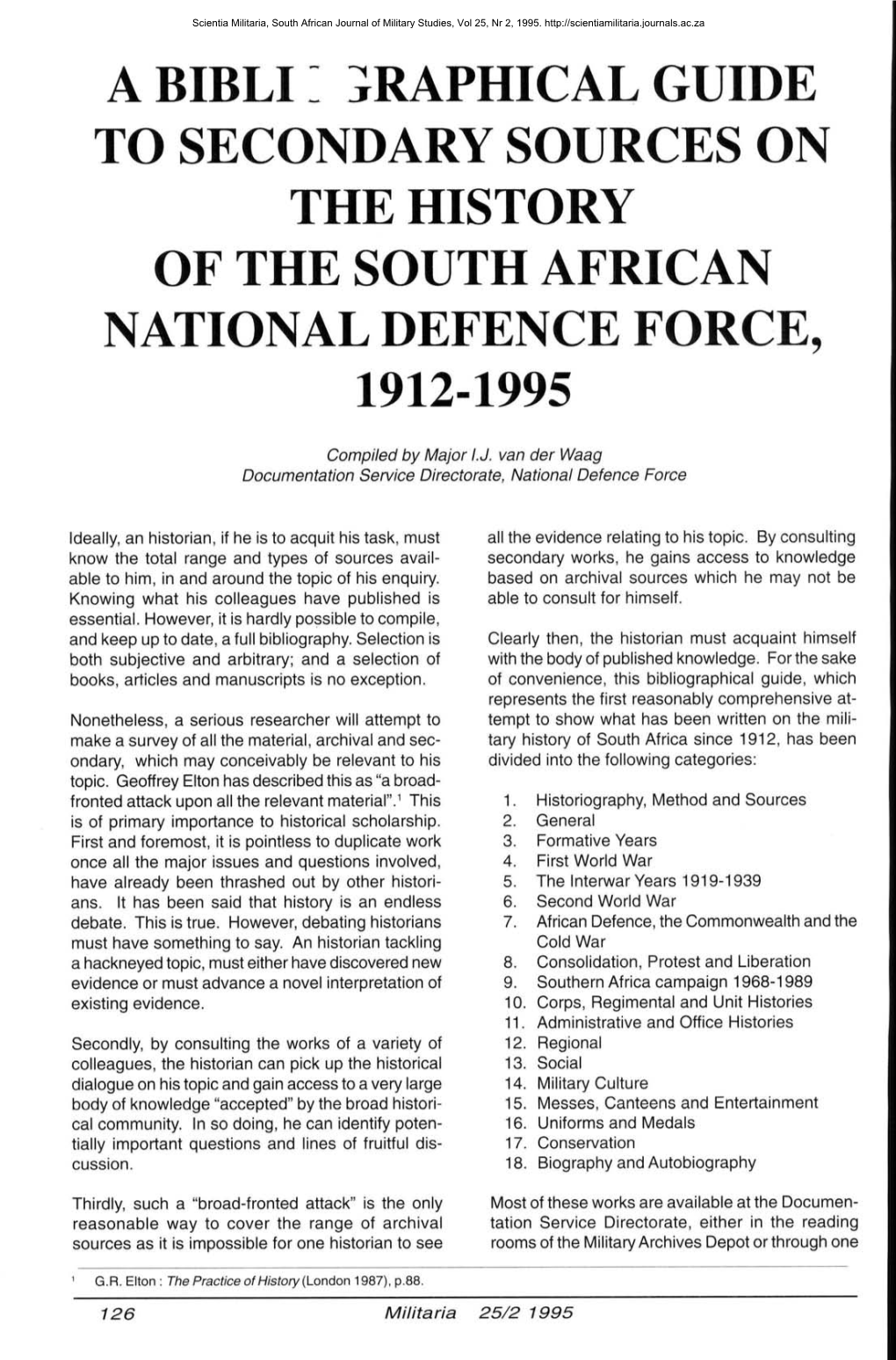 To Secondary Sources on the History of the South African National Defence Force, 1912-1995