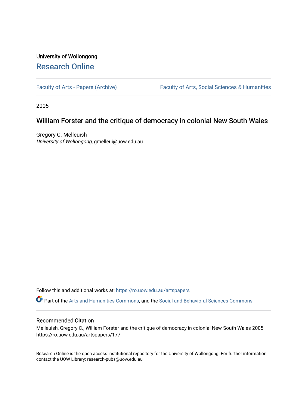 William Forster and the Critique of Democracy in Colonial New South Wales