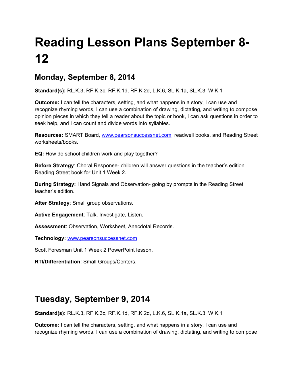 Reading Lesson Plans September 8-12