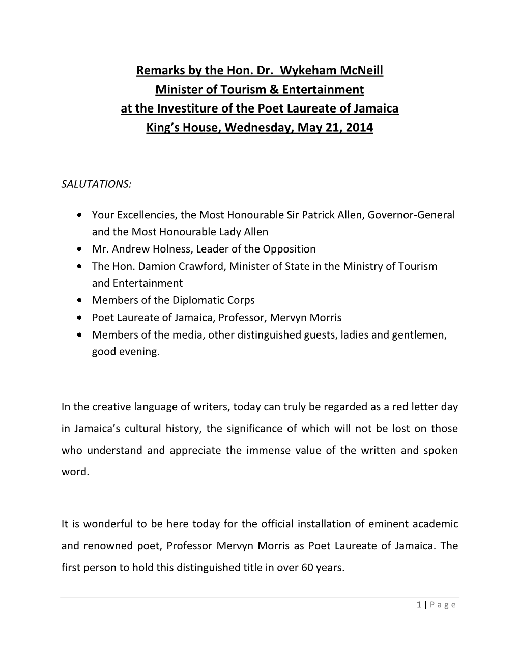 Remarks – Hon. Minister K. Wykeham Mcneill, MD, MP
