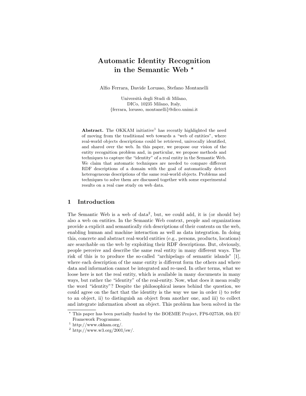 Automatic Identity Recognition in the Semantic Web *