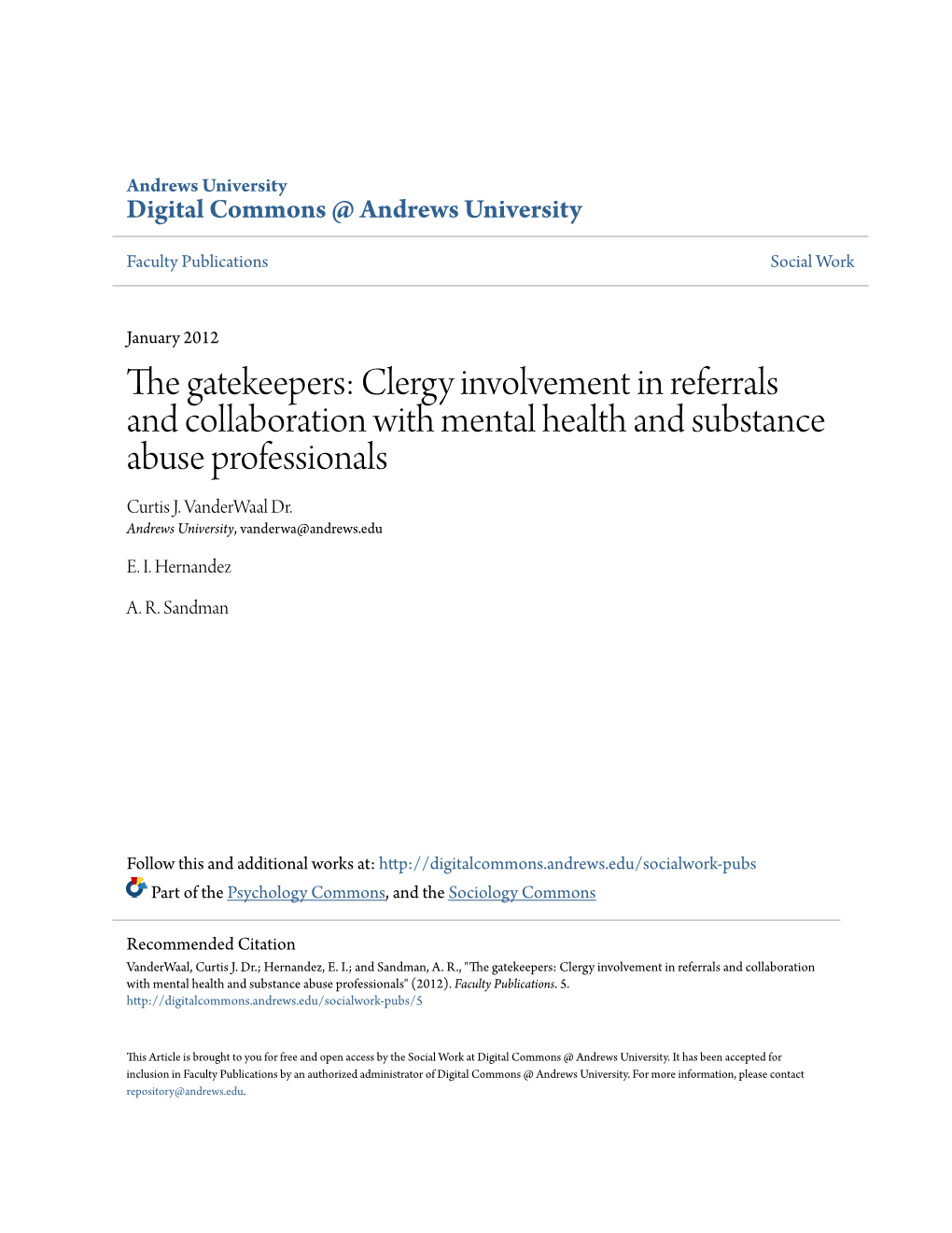 The Gatekeepers: Clergy Involvement in Referrals and Collaboration with Mental Health and Substance Abuse Professionals