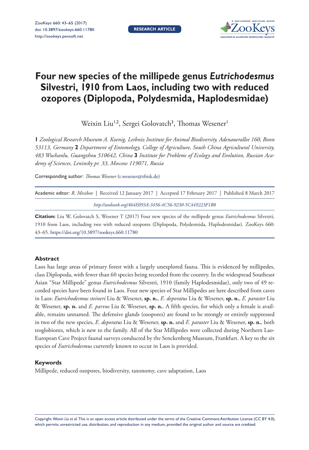 Four New Species of the Millipede Genus Eutrichodesmus Silvestri, 1910 from Laos, Including Two with Reduced Ozopores (Diplopoda, Polydesmida, Haplodesmidae)