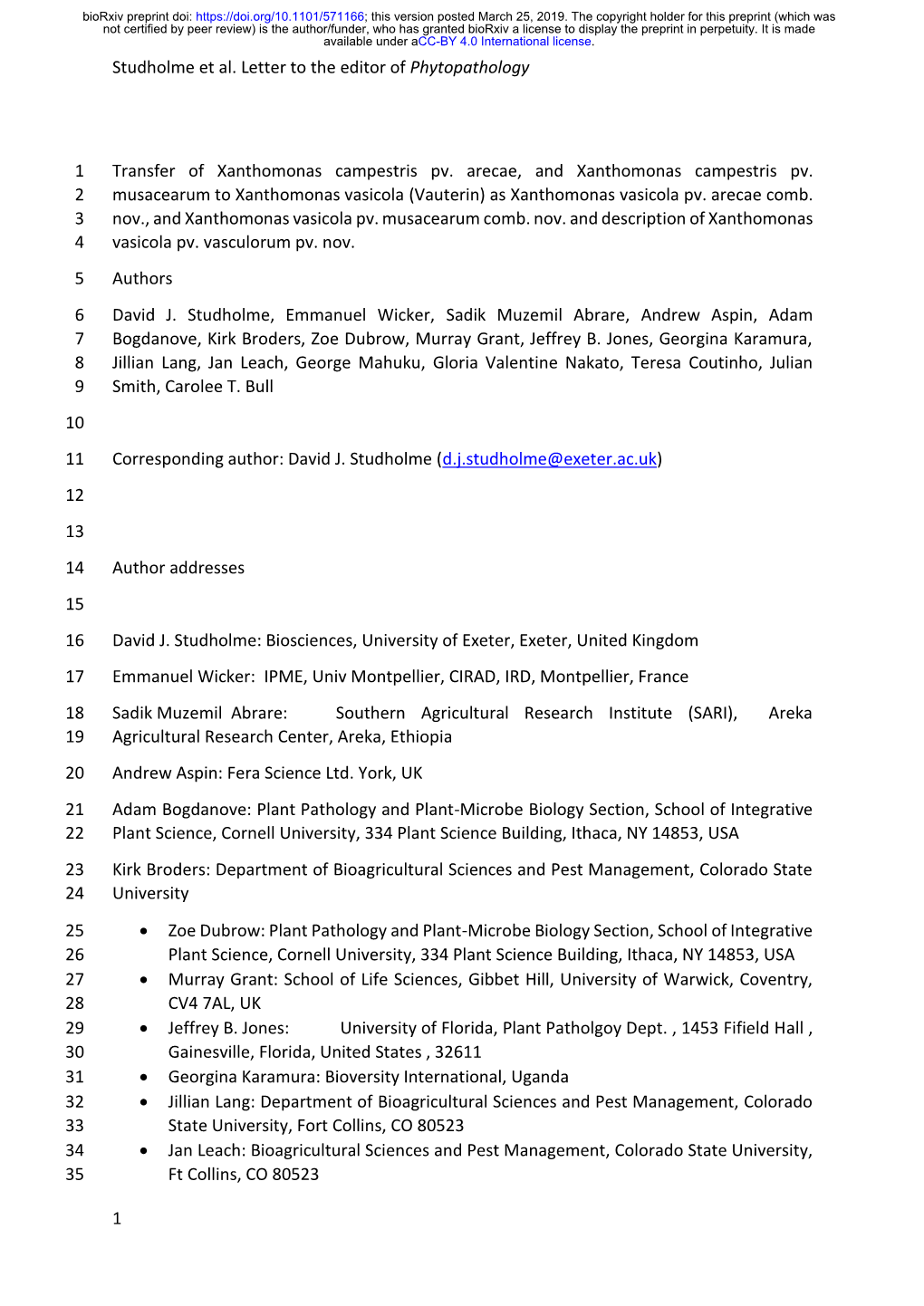 Studholme Et Al. Letter to the Editor of Phytopathology 1 Transfer Of