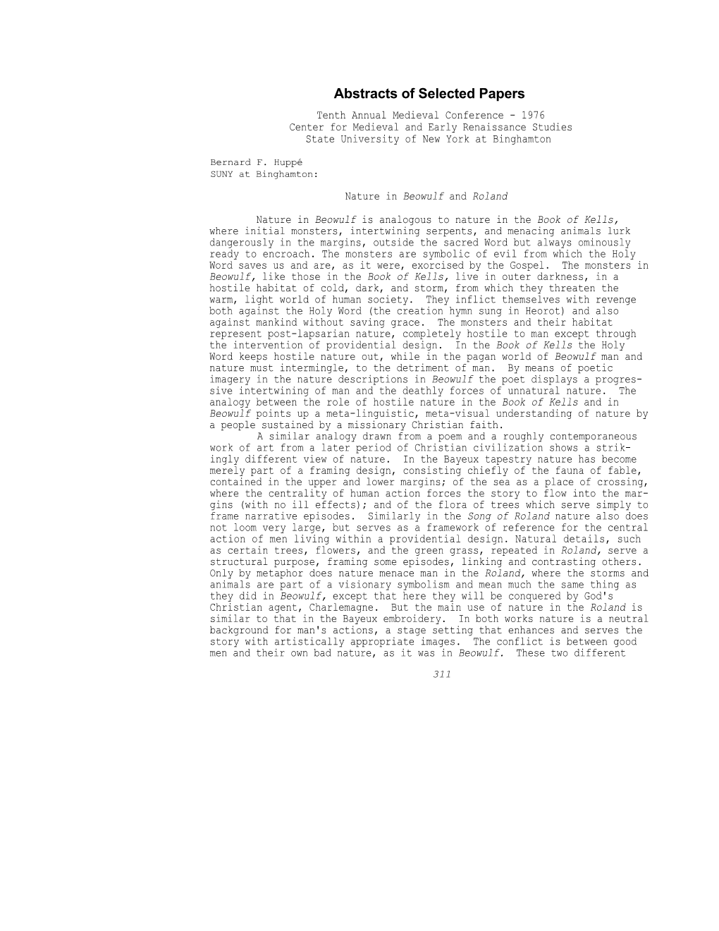 Abstracts of Selected Papers Tenth Annual Medieval Conference - 1976 Center for Medieval and Early Renaissance Studies State University of New York at Binghamton