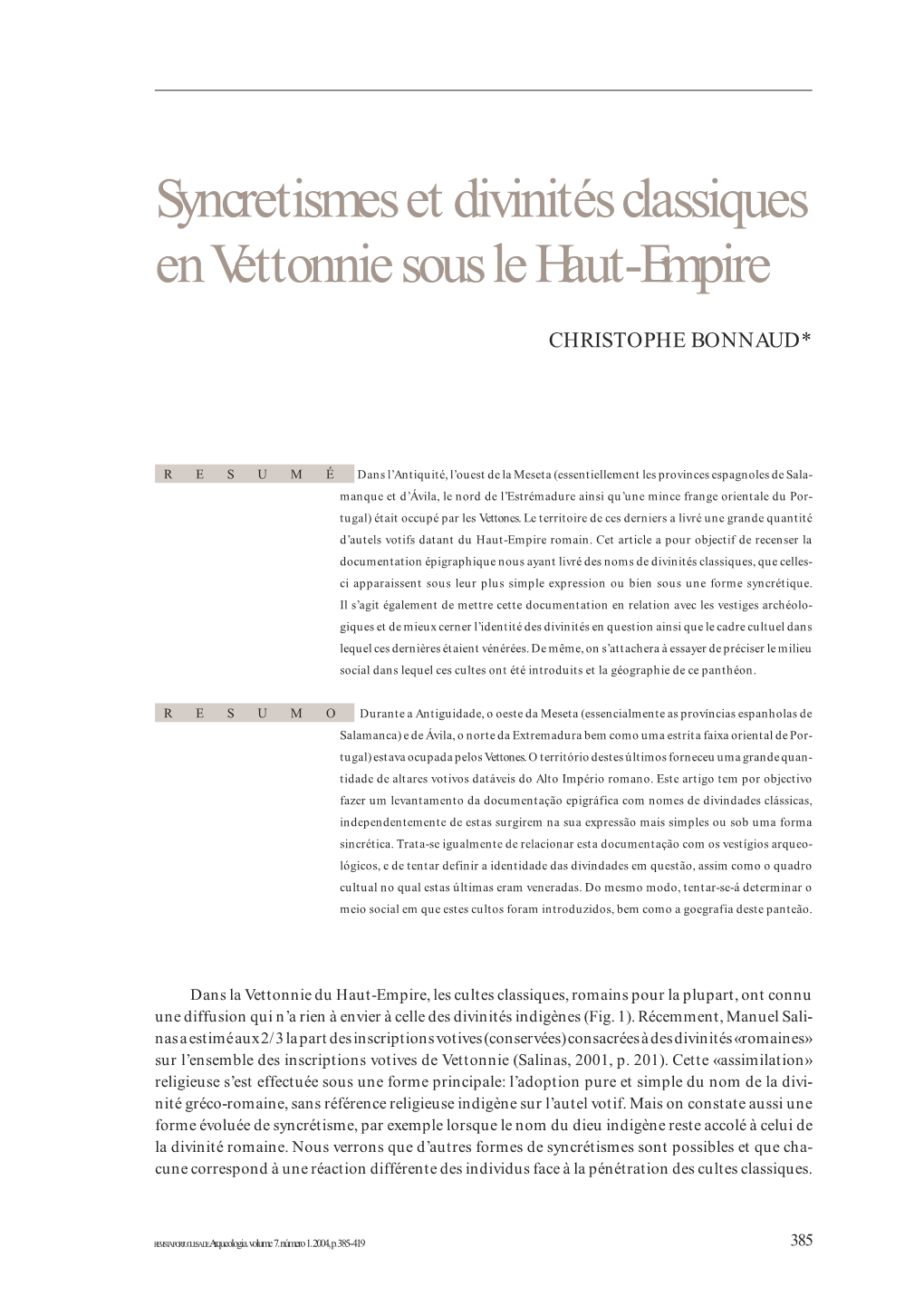 Syncretismes Et Divinités Classiques En Vettonnie Sous Le Haut-Empire