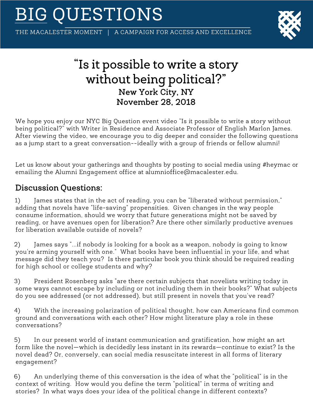 Big Questions the Macalester Moment | a Campaign for Access and Excellence